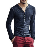 Men's Tee Shirt V-neck Long Sleeve Tee amp Tops Stylish Buttons Autumn Casual Henley shirt Solid Clothing Mart Lion Dark Blue Asian Size M 
