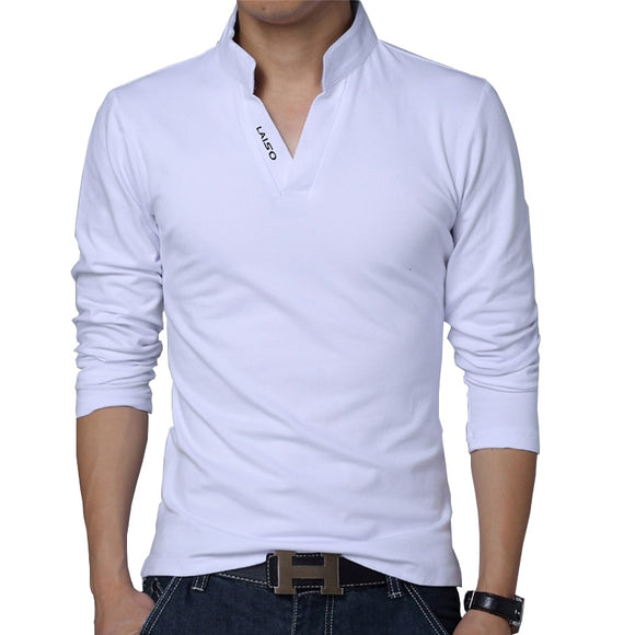  T-Shirt Men's Spring Cotton Solid Color Mandarin Collar Long Sleeve Slim Fit Tee Shirts Mart Lion - Mart Lion