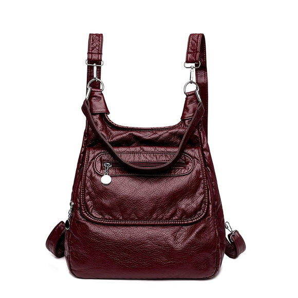 Multifunctional Backpacks Soft Washed PU Leather Shoulder Bags Large Capacity Anti-thief Backpack School Teenager Girls Mart Lion WineRed  