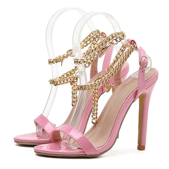 Pink Patent Leather Summer Women's Shoes Sandals Open Toe Metal Chain Ankle Strap Stiletto Heels Ladie Mart Lion Pink 35 