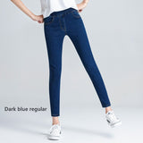 Women Velvet Thick Elastic High Waist Skinny Jeans Classic Blue Black Stretch Fabric Denim Pants Mom Mart Lion Dark blue regular S 