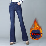 Winter Fleece Flared Pants Jeans Women High Waist Stretch Slim TWide Legs Hick Velvet Female Denim Trousers Mart Lion Dark blue Asia 26 China