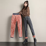 winter women high-waisted jeans harem pants pink velvet thickened warm denim trousers retro blue gray Mart Lion gray XS 
