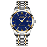 Casual Quartz Watches Men stainless Steel Band Watch Waterproof Calendar Wristwatches Mart Lion Mid-gold Blue  