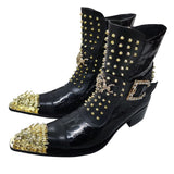 High heel Men's boots Pointed Rivet Belt buckle Genuine Leather Model Catwalk Luxury Increase social Mart Lion Black 38 
