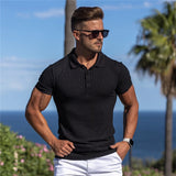 Men's Knitted Short Sleeve Polo Shirt Fitness Slim Fit Black Strips Polo T-shirt Male Brand Tees Tops Summer Gym Clothing Mart Lion black polo M 