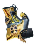 High heel Men's boots Pointed Rivet Belt buckle Genuine Leather Model Catwalk Luxury Increase social Mart Lion golden 2 37 