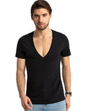 Deep V Neck T Shirt Men's Invisible Undershirt Low Cut Vneck Wide Vee Tee Model Scoop Hem Slim Fit Short Sleeve Mart Lion   