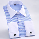 Men's Classic French Cuffs Striped Dress Shirt Single Patch Pocket Standard-fit Long Sleeve Shirts (Cufflink Included) Mart Lion FS11 M 