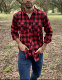 Men's Casual Plaid Flannel Shirt Long-Sleeved Chest Two Pocket Design Printed-Button Mart Lion   