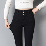 High Waist Three Buttons Jeans Women Skinny Korean Denim Pencil Pants Stretch Slim All-match Casual Denim Trousers Mart Lion   