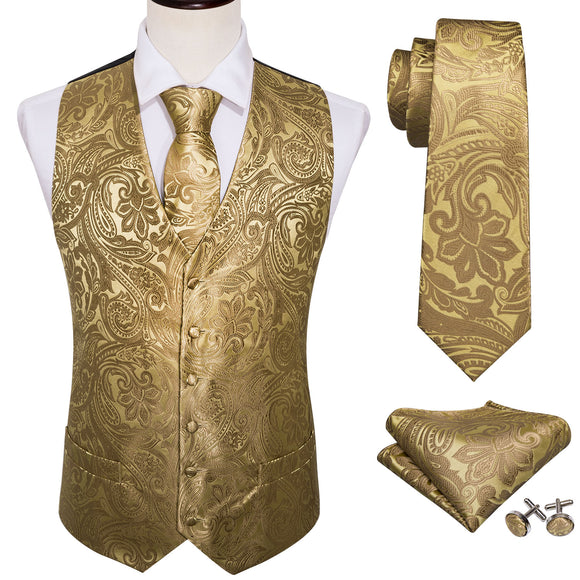 4PC Men's Extra Silk Vest Party Wedding Gold Paisley Solid Floral Waistcoat Vest Pocket Square Tie Suit Set Barry Wang Mart Lion   