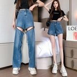 Jeans Women Two-wear Zipper Detachable Design High Waist Straight Loose Drape Female Mopping Denim Trousers Mart Lion blue S 