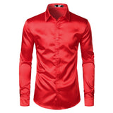 Royal Blue Silk Satin Shirt Men's Slim Fit Men's Dress Shirts Wedding Party Casual Male Casual Shirt Chemise Mart Lion Red US Size S 