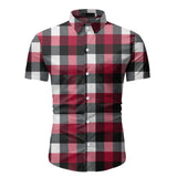 Red Plaid Shirt Men's Summer Brand Classic Short Sleeve Dress Shirt Casual Button Down Office Workwear Chemise Homme Mart Lion   