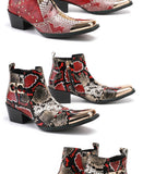 Men's Metal Fangtou Belt High-heeled Short boots Western Cowboy Cowhide Serpentine Printing Stage show Party Mart Lion   