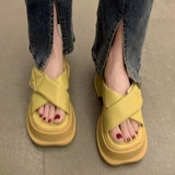 Concise Women Sandals Flats Platforms Casual Soft Genuine Leather Shoes Woman Summer Mart Lion yellow 35 