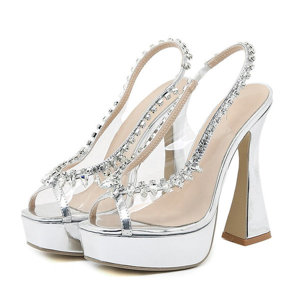 Liyke Runway Style Crystal Rhinestones Women Platform Pumps Sandal Peep Toe Slip-On Silver High Heels Wedding Banquet Shoes Mart Lion   
