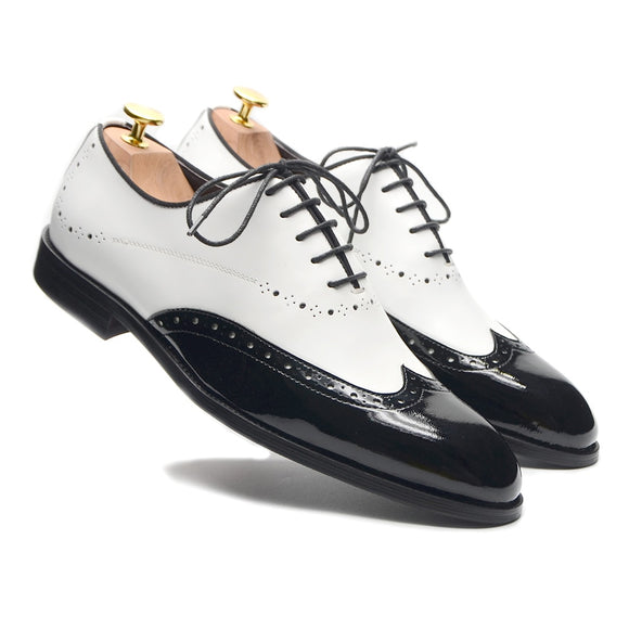  Formal Oxfords Shoes Men's White Black Real Cow Patent Leather Lace-up Wingtip Toe Brogue Wedding Dress Mart Lion - Mart Lion