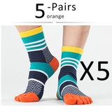5 Pairs Lot Men's Summer Cotton Toe Socks Striped Contrast Colorful Patchwork Five Finger Basket Calcetines Mart Lion orange  