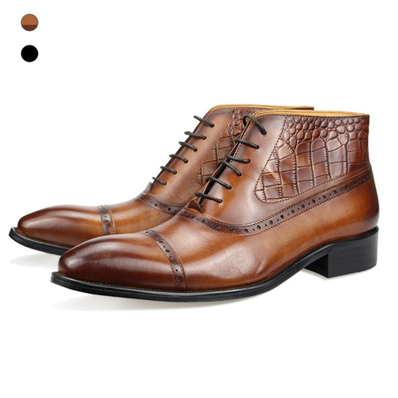  Ankle Boots Luxury Men's Lace-up style Rubber Sole Formal Crocodile Patterned Genuine Leather Dress Shoes Printing botas masculinas Mart Lion - Mart Lion