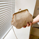 Autumn Straw Handbags Mini Shell Clip Shoulder Bag Ethnic Wind Single Shoulder Crossbody Chain Bag Woman Mart Lion Khaki  
