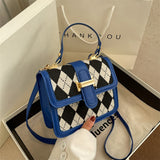 Rhombus Stitching Handbags Trend Fashion Shoulder Bag Retro Simple Messenger Small Square Bag Mart Lion Blue  