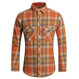Plaid Shirt Autumn Men's Long Sleeve Vinatge Orange Double Pocket Camisas Social Button Shirts Men's Elegant Streetwear Mart Lion 8083-Orange Asian M 48kg-52kg 