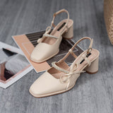 Women's Shoes Closed Toe Sandals Korean Style Chunky Heel Pearl Mid Heel Back Empty Bow Simple Temperament Mart Lion   