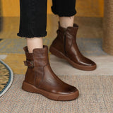 Chelsea Boots for Women Autumn Winter Leather Shoes Retro Casual Flat Ankle Platform Short Mart Lion   