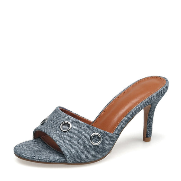 Liyke Style Blue Denim Slippers Women Outdoor Open Toe Low Thin Heels Slides Shoes Metal Designer Sandals Mart Lion Blue 35 