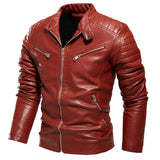 Winter Black Leather Jacket Men's Fur Lined Warm Motorcycle Slim Street BLack Biker Coat Pleated Design Zipper Mart Lion Red L 