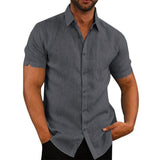Cotton Linen Men's Short-Sleeved Shirts Summer Solid Color Turn-down collar Casual Beach Style Plus Size Mart Lion Gray US S 50-60 KG China