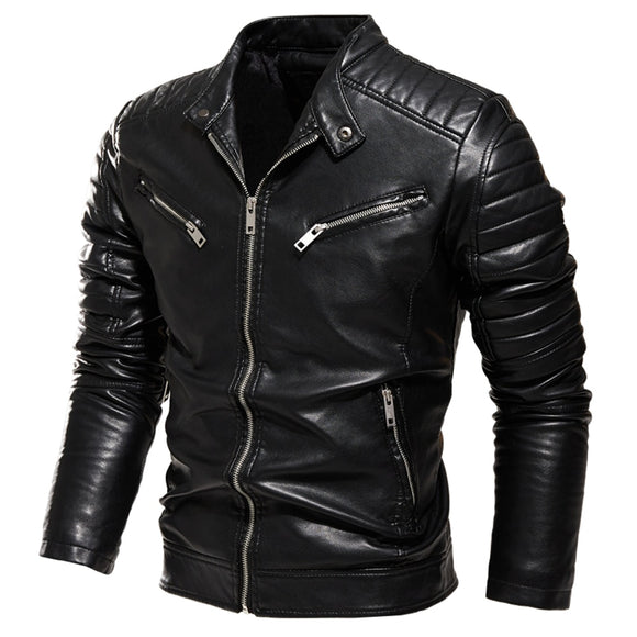  Winter Black Leather Jacket Men's Fur Lined Warm Motorcycle Slim Street BLack Biker Coat Pleated Design Zipper Mart Lion - Mart Lion