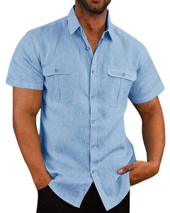 Summer Men's Short Sleeve Shirt Linen Solid Color T shirt  Cardigan Often Double Pocket Design Casual Loose Mart Lion BLUE M China