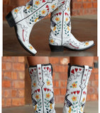 autumn Embroider Women Boots Thick heel Embroidery High cylinder Western Cowboy Pointed Color matching Mart Lion   