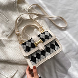 Rhombus Stitching Handbags Trend Fashion Shoulder Bag Retro Simple Messenger Small Square Bag Mart Lion White 1  