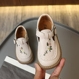 Toddler Girl's Mary Janes Embroidery Flower Vintage Kids Autumn Flat Shoes Beige Khaki Light Comfy Stylish Children Mart Lion   