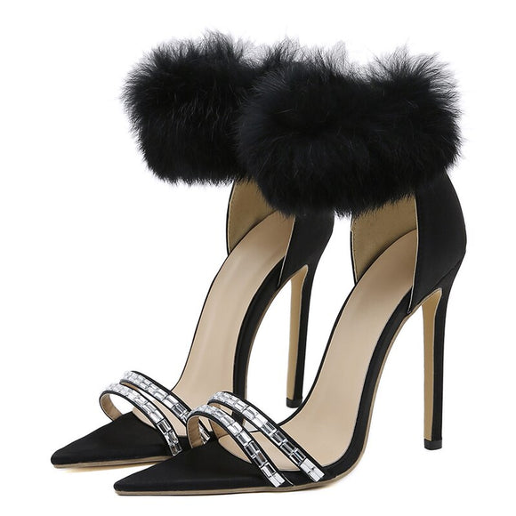  Liyke Black Fluffy Feather Sandals Women Crystal Pointed Open Toe Banquet High Heels Shoes Mart Lion - Mart Lion