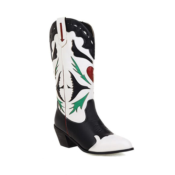 Women's Embroidered Western Knee High Boots Cowboy Chunky Heel Platform Western Shoes White Mart Lion   