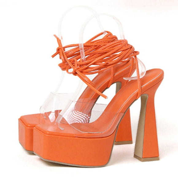 Liyke Ankle Strap Sandals Women PVC Transparent Open Toe Lace-Up 15CM High Heels Platform Chunky Party Dress Shoes Orange Mart Lion Orange 35 