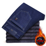 Winter Men Fleece Warm Jeans Classic Style Casual Thicken Regular Fit Denim Pants Black Blue Trousers Mart Lion Blue 28 