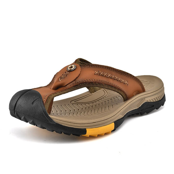 Summer Men's Flip-Flops Genuine Leather Anti-Slip Beach Slippers Sandals Anti-collision Toe Mart Lion Auburn 38 
