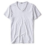 Summer V-neck T-shirt Men's 100% Combed Cotton Solid Short Sleeve Fitness Undershirt Tops Tees Mart Lion White CN Size S 50-55kg 