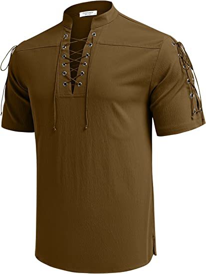 Summer Men's V-neck shirt Short-Sleeved T-shirt Cotton and Linen Led Casual Breathable tops Mart Lion Dark brown S 