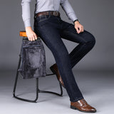  Winter Men Fleece Warm Jeans Classic Style Casual Thicken Regular Fit Denim Pants Black Blue Trousers Mart Lion - Mart Lion