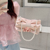 Girl Pearl Bow Handbags Underarm Bag for Woman Summer Small Fresh Fairy Bag One-shoulder Hand-held Messenger Bag Mart Lion   