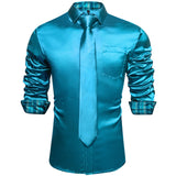 Green Plaid Splicing Contrasting Colors Long Sleeve Shirts For Men's Designer Stretch Satin Tuxedo Clothing Blouses
