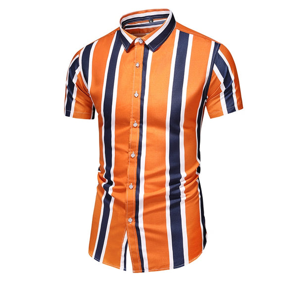 Vertical Stripe Shirt Men's Short Sleeve Slim Button Formal Dress Camisa Casual Hombre Beach Shirt Men's Blouses Tops Mart Lion C212 Asian M 45kg-55kg 