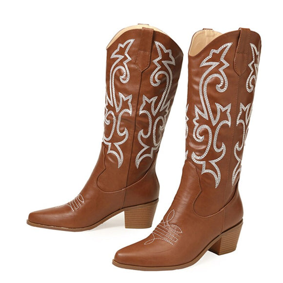  Liyke Autumn Winter Embroidered Western Cowboy Boots Women Leather Pointed Toe Low Hoof Heels Slip On Knee High Shoes Mart Lion - Mart Lion